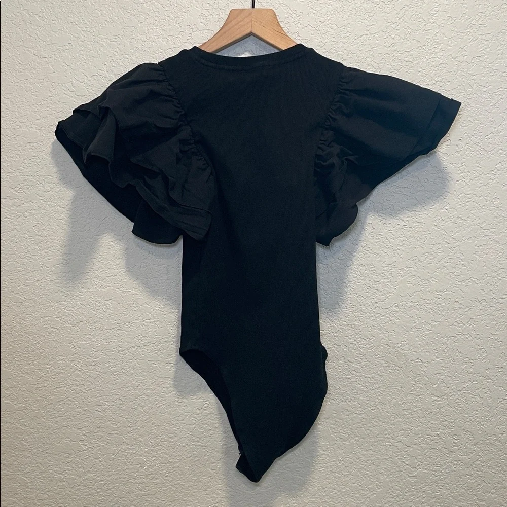Zara Black Ribbed Knit Poplin Ruffle Sleeve Bodysuit Top Size Small - Picture 7 of 7